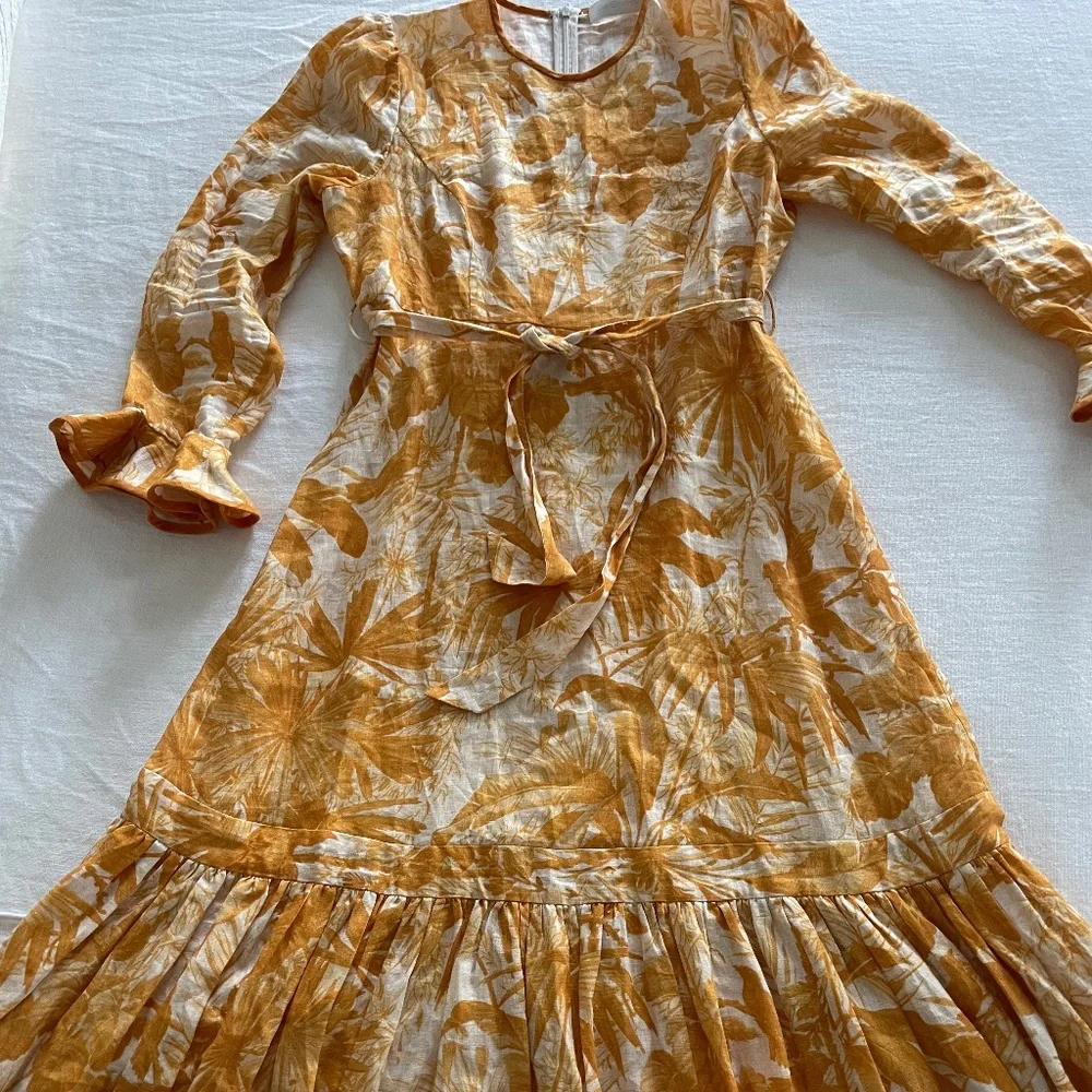 Zimmermann Linen Midi Dress (Mae Belted Ruffled - Yellow/Ivory/White) - Picture 6 of 10